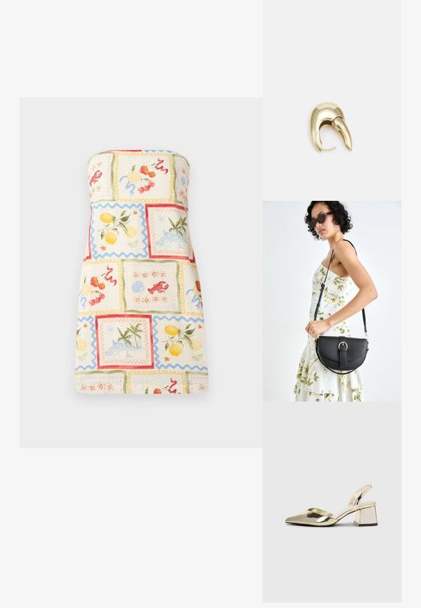 Bešalčio ir lengvo audinio suknelė, puošta spalvingu vaisių ir pakrantės peizažų koliažu, su banguotais kraštais ir pastelinių spalvų palete.; Auksiniai, metaliniai slingback aukštakulniai bateliai su smailiu pirštu ir masyviu kulnu. Lygus paviršius, minimalizmo dizainas ir siaura juostelė.; Juodas odinis krepšys su išlenkta forma, nuimamu dirželiu ir auksiniais detalėmis. Krepšys turi kilpą su sagtimi.; Aukso tono metalinės auskarai su stilingu, kreiviu dizainu. Išsiskiria ryškiu smailiu pavidalu, poliruota paviršiumi ir užsegimu su vyriu.