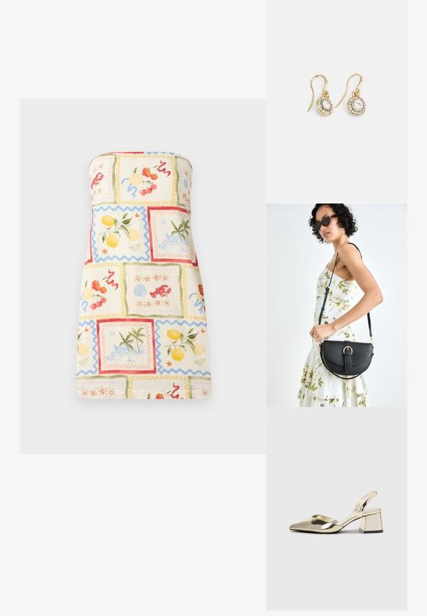 Strapless jurk van lichte stof, gekenmerkt door een kleurrijke patchwork van fruit en kustlandschappen, met geschulpte randen en een pastel kleurenpalet.; Gouden, metalen slingback hakken met een spitse neus en een chunky hak. Glad oppervlak, minimalistisch ontwerp en een smalle band.; Zwarte leren handtas met een gebogen vorm, afneembare schouderband en gouden hardware. De tas heeft een klep met een gespsluiting.; Goudkleurige oorbellen met ovaalvormige heldere kristallen omringd door kleinere heldere stenen, met een haakontwerp voor een veilige draagervaring.