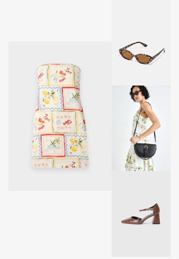 Robe sans bretelles en tissu léger présentant un patchwork coloré de fruits et de scènes côtières, avec des bordures en forme de vagues et une palette de couleurs pastel.; Escarpin en cuir verni marron avec un bout carré, motif croco texturé, bride de cheville avec boucle dorée et un talon épais.; Lunettes de soleil en écaille de tortue avec des verres ovales, teintés de marron, branches fines avec un motif texturé, monture en plastique légère.; Sac à main en cuir noir avec une forme courbée, bandoulière amovible et des accessoires en or. Le sac est doté d'un rabat avec un détail de boucle.