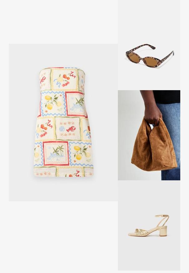 Rochie fără bretele dintr-un material ușor, cu un patchwork colorat de fructe și peisaje de coastă, având margini ondulate și o paletă de culori pastelate.; Sandale cu toc auriu, cu un design cu bretele răsucite, vârf deschis și curea pentru glezna. Are toc pătrat și un finisaj metalic neted.; Ochelari de soare cu mâneri tortoise, cu lentile ovale, cu nuanță maro, brațe subțiri ce au un model texturat, cadru din plastic ușor.; Geantă de mână din suede maro cu o textură moale, formă triangulară unică și un vârf strâns, ținută într-o mână pe un material denim.