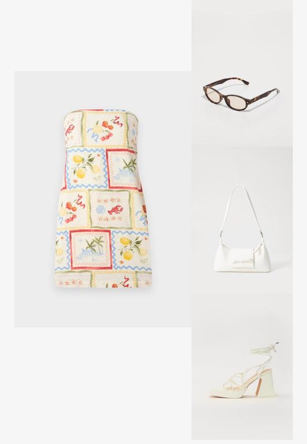 Robe sans bretelles en tissu léger présentant un patchwork coloré de fruits et de scènes côtières, avec des bordures en forme de vagues et une palette de couleurs pastel.; Sandale blanche à talons hauts avec un talon épais, présentant un design à lanières et un lien autour de la cheville. Texture lisse avec une plateforme à l'avant pour une hauteur supplémentaire.; Lunettes de soleil écaille de tortue avec une forme arrondie et des verres clairs. Présentent des branches robustes avec de petites accents dorés, fabriquées en matériau plastique.; Sac à main synthétique blanc en forme triangulaire, avec un rabat avant plat et un détail en nœud, une bandoulière ajustable, une texture lisse et un design minimaliste.