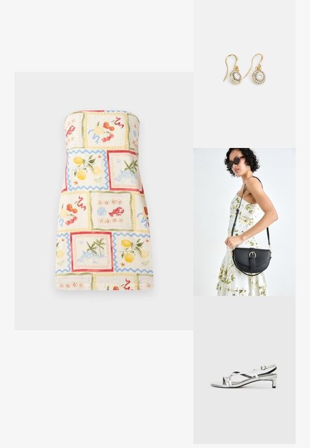 Abito senza spalline in tessuto leggero che presenta un vivace patchwork di frutti e scene costiere, con bordi a scallop e una palette di colori pastello.; Sandaletti slingback metallici argento con tacco basso, caratterizzati da cinturini incrociati e una superficie liscia. Design minimalista.; Borsa a tracolla nera in pelle con una forma curva, manico rimovibile e accessori dorati. La borsa presenta una patta con un dettaglio a fibbia.; Orecchini color oro con cristalli trasparenti di forma ovale circondati da pietre più piccole e trasparenti, dotati di un design a gancio per una vestibilità sicura.