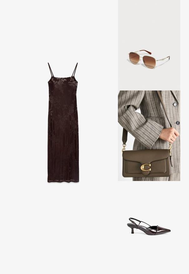 Lang, ærmeløs kjole i mørkebrunt stof med blomstermønster. Har tynde stropper og en tætsiddende silhuet, glat tekstur og flydende design.; Brun laklæder slingback pumpe med spids tå, lille blokhæle, krydsremdesign og dekorativ sløjfe detaljer foran.; Solsikker i guldmetalramme med gradient brune linser. Har en unik geometrisk form og brune accenter på stængerne. Letvægtsdesign.; COACH TABBY SHOULDER BAG 26 - Håndtasker - dark stone; Gul hoop ørehængere med et afrundet, let struktureret design, båret i venstre øre mod en baggrund af mørkt hår og et sort plagg.