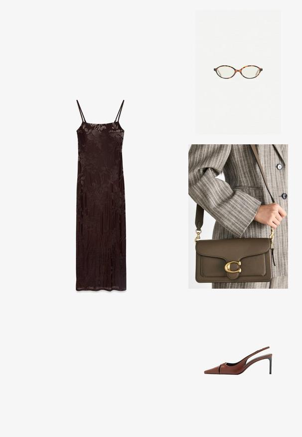 Pitkähihaton mekko tummanruskeasta kankaasta, jossa on kukkakuosi. Ominaisuuksiin kuuluvat ohuet olkaimet ja tiivis muotoilu, sileä textura sekä virtaava malli.; Ruskea nahkainen slingback-korkokenkä, jossa on terävä kärki, leikkaukset vampissa ja tyylikäs stilettokorko. Sujuva pinta.; Kilpikonnakuosiset silmälasit, joissa on soikeat linssit ja tyylikäs, sileä pinta. Ominaisuudet: ohuet sivut, joissa on hienovarainen kaari temppeleissä. Kirkkaat linssit.; COACH TABBY SHOULDER BAG 26 - Käsilaukku - dark stone
