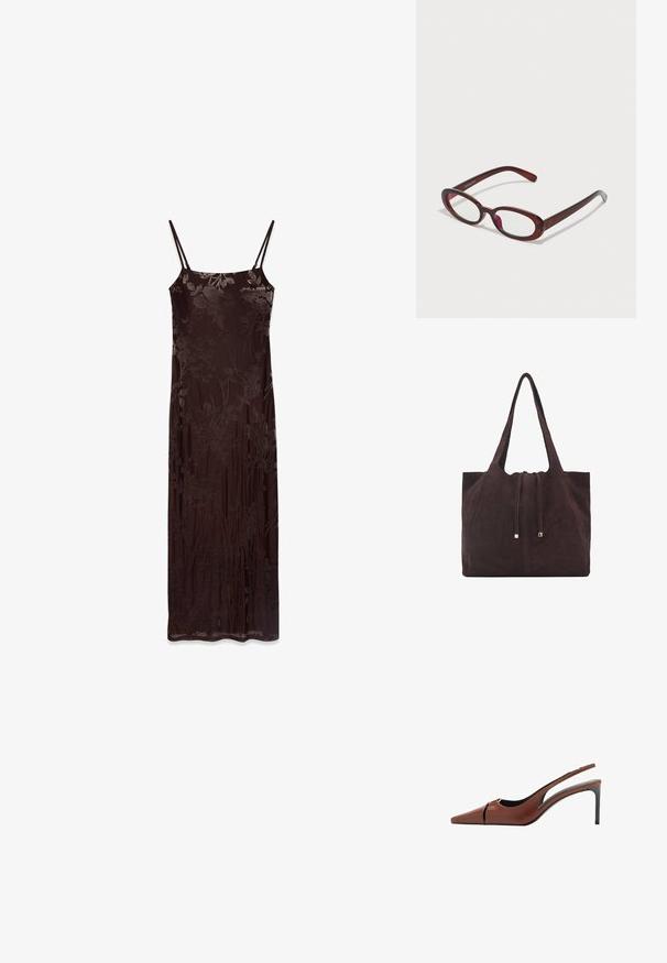 Lang, ærmeløs kjole i mørkebrunt stof med blomstermønster. Har tynde stropper og en tætsiddende silhuet, glat tekstur og flydende design.; Brun læder slingback hæl med spids tå, udskæring ved vampen og en elegant stiletto hæl. Glat tekstur.; Ovale røde solbriller med klare linser og slanke brune stel. Designet har subtile kurver og minimalt hardware.; Mango Shopping bags - dark brown