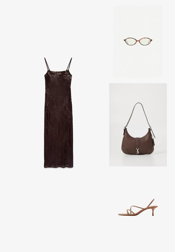Dolge brezrokavne obleke temno rjave barve z cvetličnim vzorcem. Ima tanke naramnice in prilegajoč silhueto, gladko teksturo in tekoč dizajn.; Rjave sandale na vezanje z minimalističnim dizajnom. Imajo tanek peto in raven podplat, izdelane so iz gladkega materiala z finimi trakovi.; Kornjačaste očala z ovalnimi lečami in gladko, sijočo površino. Imajo tanke stranice z rahlim ovinkom na templjih. Prosojne leče.; Rjava usnjena torbica za roke z zaobljeno obliko, srebrnimi dodatki in okrasnim šivanjem. Ima naramnico in zaponko za zapiranje.