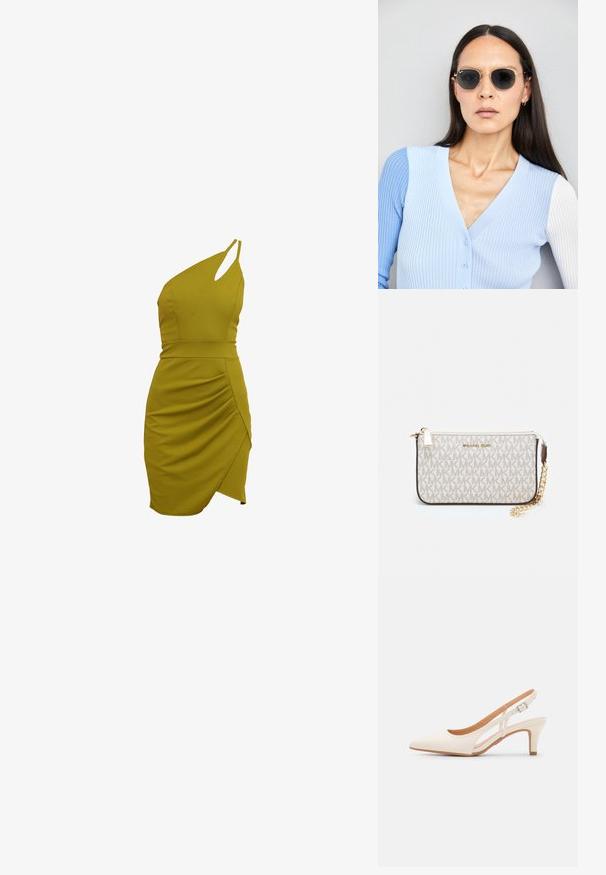 Vestido verde oliva de un solo hombro con silueta ajustada, detalles fruncidos en el lado y dobladillo asimétrico. Fabricado con un tejido elástico.; Zapato de tacón de tirantes blanco con punta afilada, material superior liso, tacón bajo y diseño con corte lateral con correa ajustable.; Gafas de sol redondas con lentes oscuros y montura dorada. El modelo lleva un cárdigan de canalé azul claro con botones y mangas blancas en contraste.; Monedero de muñeca Michael Kors en lona recubierta beige que presenta un patrón repetido del logo MK, herrajes dorados y una correa de cadena desmontable.