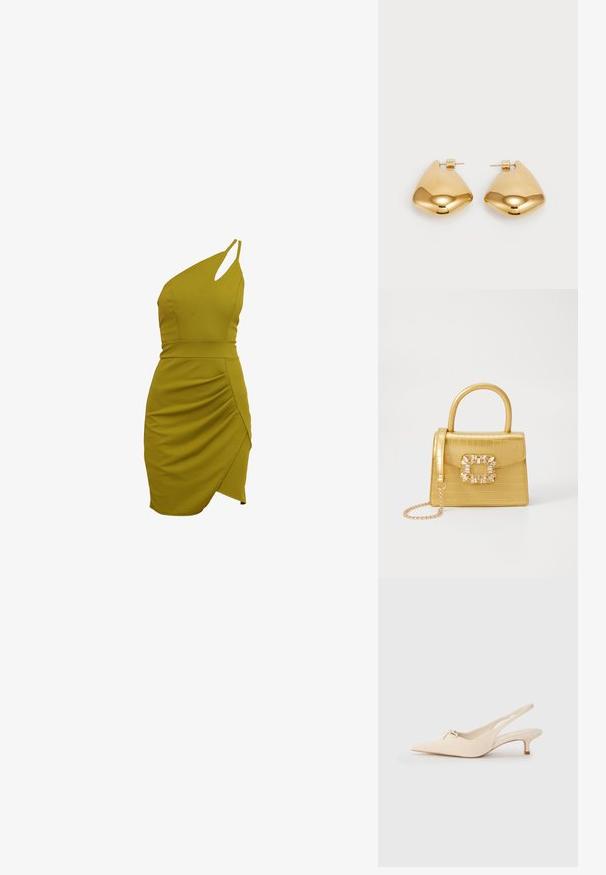 Obleka z enim ramenskim trakcem, olivno zelena barva, s prilegajočim silhueto, nabranimi detajli na strani in asimetričnim robom. Narejena iz raztegljive tkanine.; Slingback čevlji s koničastim prstom v odtenku off-white iz usnja, z majhno mašno podrobnostjo in nizko mačko peto. Gladka tekstura, minimalističen dizajn.; Rumeno usnjeno-usnje z vzorcem krokodila, s strukturiranim dizajnom, zgornjo ročajem, snemljivo verižico in dekorativnim kristalnim okrasjem na zaponki.; Zlato obarvani kovinski uhani z gladko, zaobljeno trikotno obliko in zasnovo s pritrditvijo na zadnji strani; odbojna površina z minimalnim detajliranjem.