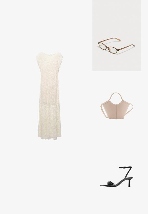 Lange kanten maxi-jurk in off-white met een losse pasvorm, kapmouwen en een bloemenpatroon. De stof is semi-doorzichtig met een vloeiende silhouet.; Bershka Sandalen met hoge hak - black; Bruine schildpadbril met ovale lenzen, dunne armen en transparante accenten. Heeft een subtiele logo op de tempel. Strak, lichtgewicht ontwerp.; Beige leren handtas met een unieke vorm, voorzien van twee korte handvatten en een lange verstelbare schouderriem. Glad oppervlak met minimale hardware.