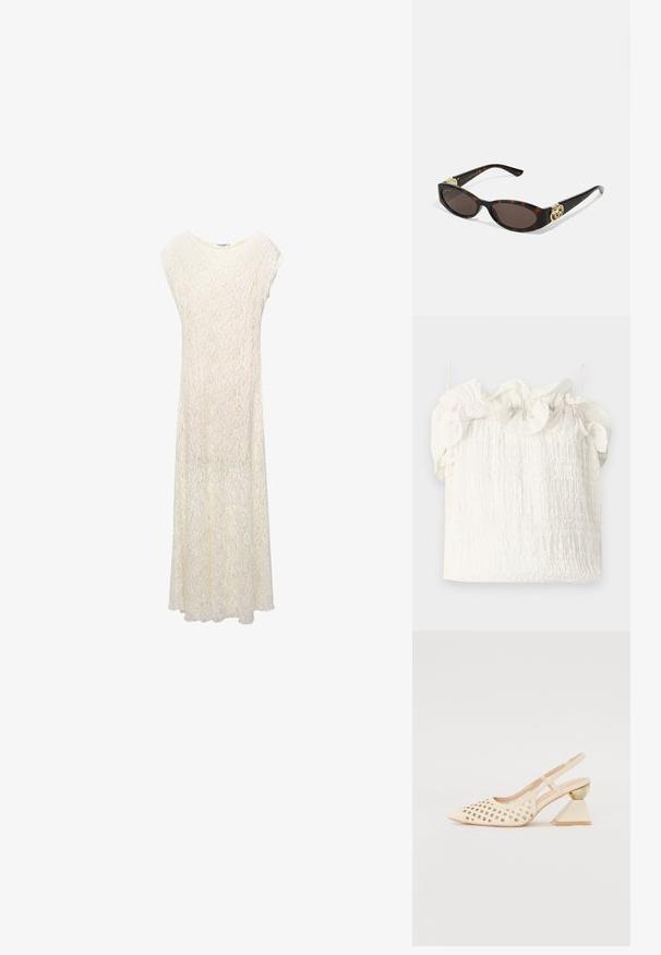 Lange kanten maxi-jurk in off-white met een losse pasvorm, kapmouwen en een bloemenpatroon. De stof is semi-doorzichtig met een vloeiende silhouet.; Hofmann Copenhagen EXCLUSIVE GENEVIVE - Top - off white; Beige slingback schoen met geperforeerde bovenkant, puntige neus en een contrasterende driehoekige hak met een gouden accent. Over het algemeen een gladde textuur.; Schildpadbril met langwerpige ovale lenzen, bruine tint, gouden logo-accenten op de pootjes en slanke zwarte armen.; Witte bloemenhandtas met een gatherend stoffen oppervlak, gouden kettingriem en metalen sluiting. Heeft textuur op de bloemblaadjes voor extra detail.