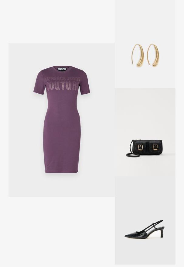 Lila schlanke Kurzarmkleid mit "Versace Jeans Couture"-Text aus Strass über der Brust, knielang mit Rundhalsausschnitt.; Schwarze Lack-Slingback-Pumps mit spitzem Zehenbereich, versehen mit strukturiertem Schlangenprint, verstellbarem Riemen und einem kurzen, strukturierten Blockabsatz.; Schwarze Leder-Umhängetasche mit zwei vorderen Taschen, goldenen Schnallen, Reißverschluss und einem schmalen Tragegurt. Texturierte Oberfläche und kompakte rechteckige Form.; Goldfarbene Metall-Hoops mit einer geschwungenen, länglichen Form. Sie verfügen über eine glatte, glänzende Oberfläche und eine abgerundete Spitze für zusätzliche Details.