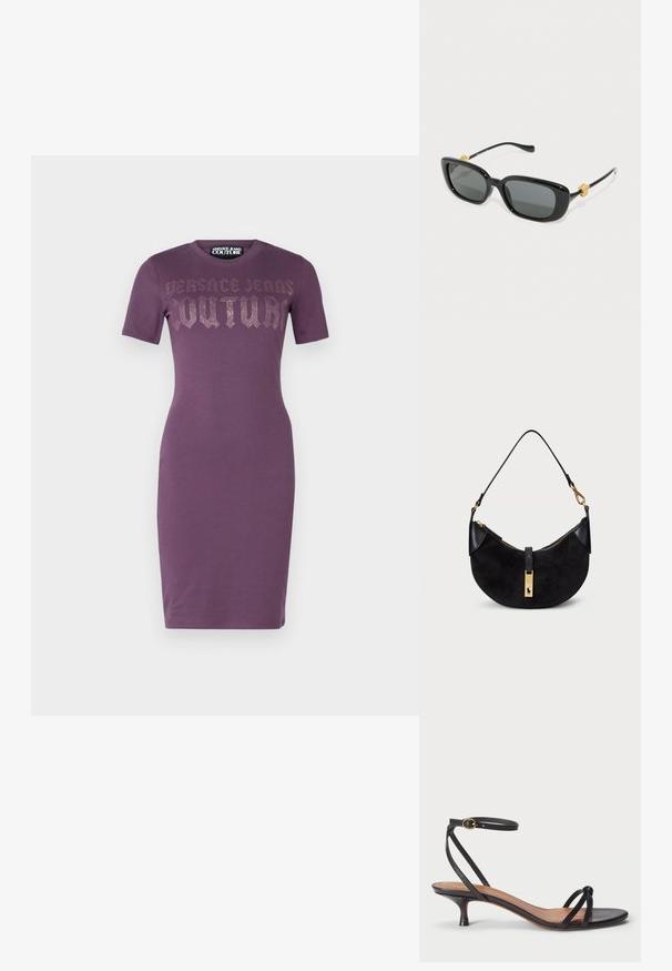 Rochie scurtă, ajustată, de culoare mov, cu mânecă scurtă, având textul "Versace Jeans Couture" din pietricele strălucitoare pe piept, până la genunchi și cu decolteu rotund.; Polo Ralph Lauren LEATHER KITTEN-HEEL SANDAL - Pantofi clasici cu toc - black; Ochelari de soare rectangolari negri cu lentile gri și accente cu cap de leu din aur pe brațe. Cadru din plastic neted, design elegant.; Geantă neagră cu o formă curbată, realizată din suede și piele, având un fermoar de culoare aurie și un detaliu cu logo. Include o mână scurtă.