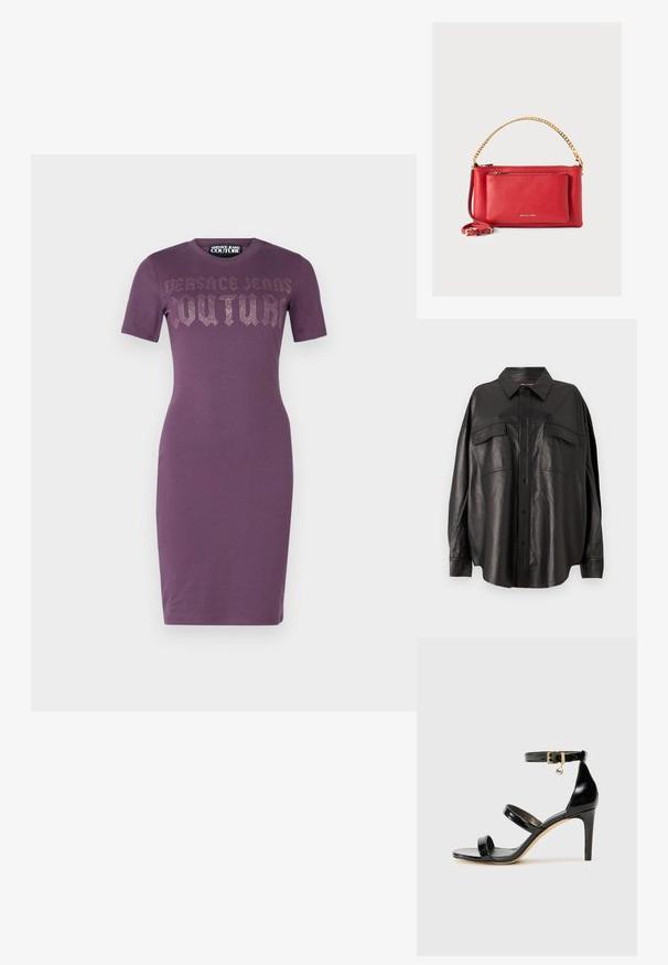 Violetinio atsigoto silueto trumpomis rankovėmis su "Versace Jeans Couture" tekstu iš krištolų krūtinės srityje, iki kelių ilgio, su apvaliu kaklu.; Juodas odinis marškiniai su mygtukais priekyje, smailiu apykakle ir dviem krūtinės kišenėmis. Išsiskiria laisvu siluetu ir glotnia tekstūra.; Juodas patentuotas odinis sandalai su trimis diržais, kulkšnies sagtimi ir 4 colių stiletto kulnu. Yra aukso detalės ir logotipo žavesys.; Raudona odinė rankinė su tekstūruotu paviršiumi, auksine grandine ir dirželiu, priekinė užtrauktuko kišenė ir išspaustas logotipas. Kompaktiškas ir struktūruotas dizainas.