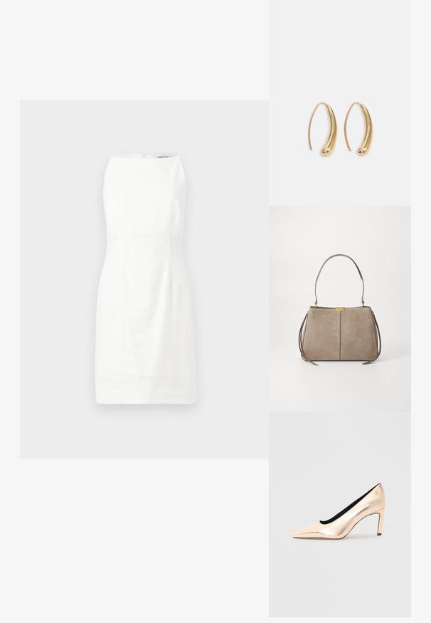 Balta be rankovių suknelė su prigludusia forma, lygiu paviršiumi ir paslėptu užtrauktuku nugaroje. Minimalistinis dizainas be raštų ar akcentų.; Bežinės metalinės aukštakulnės bateliai su smailiu kojų galiuku, lygiu paviršiumi ir juodu vidumi. Prieda mažas logotipas ant kulno.; Tommy Hilfiger CASUAL SHOULDER BAG - Rankinė - coastal taupe; Auksinės metalinės auskarų kabės su lenktą, pailgą forma. Turi lygų, blizgantį paviršių ir užapvalintą galiuką papildomam akcentui.