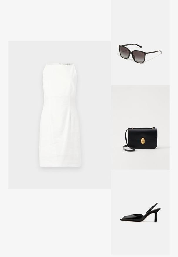 Rochie albă fără mâneci, cu o formă ajustată, textură netedă și un fermoar ascuns la spate. Design minimalist, fără modele sau accente.; Sandale din piele neagră cu toc, cu vârf ascuțit, design minimalist, curea subțire la gleznă și toc subțire elegant. Textură netedă.; ochelari de soare dreptunghiulari negri cu lentile cu gradient, ramă din plastic și accent logo metalic pe tâmplă. Design clasic cu textură netedă.; Geantă de mână din piele neagră, cu o formă rectangulară structurată. Are un capac oval auriu și o curea subțire pentru umăr. Textură netedă.