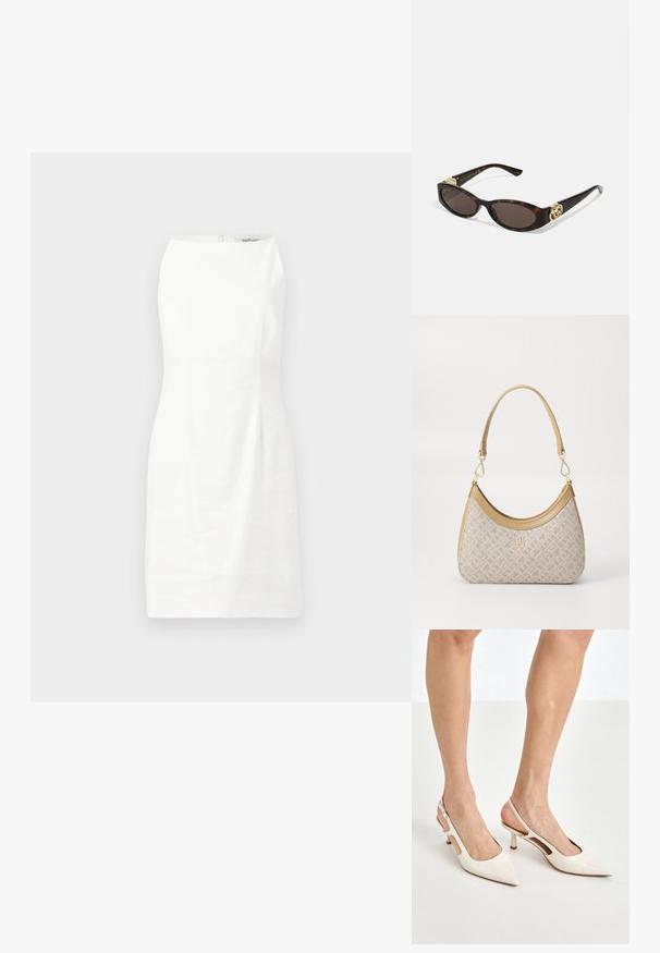 Witte mouwloze jurk met een aansluitende vorm, een stevige textuur en een verborgen rits aan de achterkant. Minimalistisch ontwerp zonder patronen of accenten.; Beige gepatineerde leren slingback hakken met een spitze neus en een hak van 5 cm, met uitsparingen aan de zijkanten en een dunne enkelband.; Schildpadbril met langwerpige ovale lenzen, bruine tint, gouden logo-accenten op de pootjes en slanke zwarte armen.; Beige handtas met een patroon en een gebogen vorm, leren accenten en een goudkleurig logo aan de voorkant. Beschikt over een kort handvat voor gemakkelijk dragen.