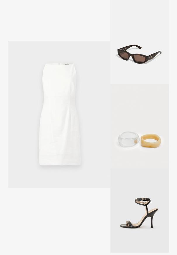 Vestido branco sem mangas com um formato ajustado, textura suave e um fecho invisível nas costas. Design minimalista sem padrões ou adornos.; Sandalinha de salto alto em couro sintético preto com tira fina no tornozelo e fivela, bico aberto e salto agulha esguio, sobre fundo branco.; Óculos de sol em padrão tartaruga castanha, com formato retangular, lentes castanhas escuras e a marca "vogue" em dourado nas hastes.; Anéis de resina clara e âmbar, um liso e transparente, o outro com um acabamento texturizado em âmbar. Ambos apresentam designs arredondados e robustos.