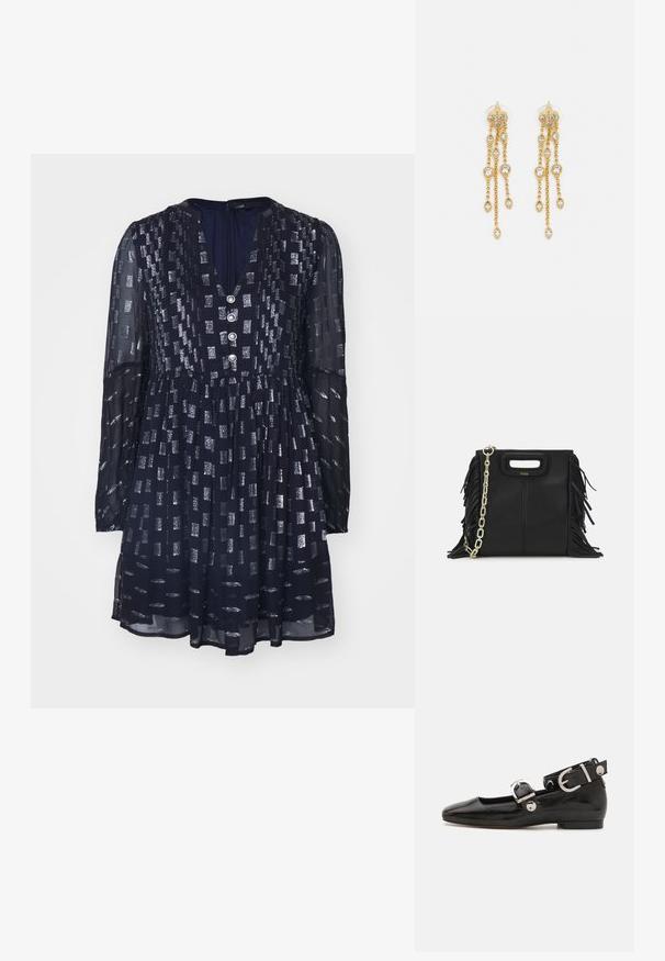 Tamsiai mėlyna suknelė su ilgomis rankovėmis, V formos iškirpte, sidabriniais stačiakampiais raštais ir trimis dekoratyviniais mygtukais priekyje. Permatomas audinys. Platėjanti sijonas.; Juodas lakinės odos plokščias batelis su kvadratiniu pirštu, kulkšnies dirželiu su sidabro detalėmis ir plokščiu padu. Sklandus paviršius su minimalistišku dizainu.; Juodas odinis rankų darbo rankinys su frinzuotomis detalėmis, auksine grandinės petneša ir išpjauto dizaino rankena. Pirmoje pusėje yra logotipo vieta.; Aukso spalvos auskarai su keliais kaskadiniais grandinėlėmis, su skaidriais ovaliais kristalų akcentais ir dekoratyviniais auskarų priekiais.