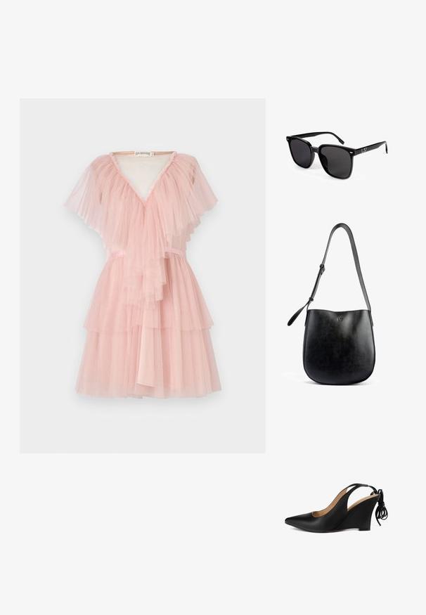 Ružové tylové šaty s vrstvenými volánmi, V-výstrihom a stuhou na páse. Ľahký a priehľadný materiál.; Čierne kožené slingback wedge topánky s špicatou špičkou, otvorenými stranami a viazaním na päte; textúrovaný povrch a mierne zakrivený klin.; Čierne slnečné okuliare so štvrcovým rámom, tmavými tónovanými šošovkami, hladkým plastovým povrchom a strieborným akcentom "L37" na boku.; Čierna kožená kabelka s hladkou textúrou, zakriveným tvarom, nastaviteľným popruhom a jemne embosovaným logom na prednej strane.