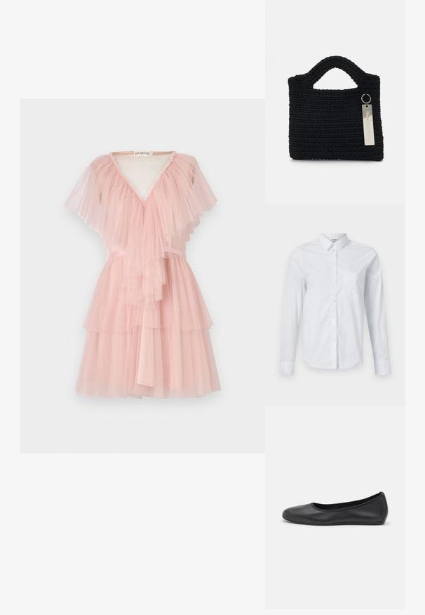 Rochie din tull roz cu volane stratificate, decolteu în V și un accent de panglică la talie. Textură ușoară și transparentă.; Cămașă albă cu mâneci lungi, confecționată din bumbac, cu guler, nasturi pe partea din față și un singur buzunar la piept. Textură netedă. Fără imprimeuri.; Balerini din piele neagră, cu vârf rotund, textură netedă, detalii de cusătură minimale și un design al tălpii flexibil.; Won Hundred MARSIELLE COMPUTER BAG UNISEX - Geantă laptop - black
