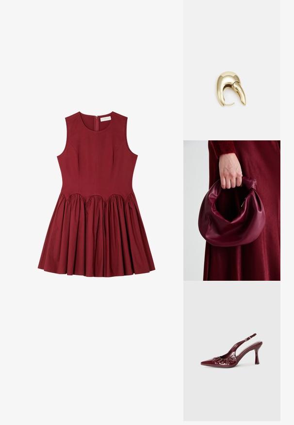 Sarkans kokvilnas kleita ar pieguļošu augšdaļu, apaļu izgriezumu un pleitotu svārku. Iespējo aizmugures rāvējslēdzis un sakumpis detaļas jostasvietā.; Burgundijas lakota āda slingback papēži ar norādītu pirkstu un sakulšanas detaļām, ar plānu papēdi un regulējamu potītes siksnu.; Burgundijas ādas rokassoma ar mīkstu, sakrautu dizainu un apaļu formu. Rokturi ir nostiprināti, parādot gludu tekstūru.; Zeltīti metāla auskari ar gludu, izliekta dizaina. Ar atšķirīgu smailu formu, pulētu virsmu un eņģu aizdari.