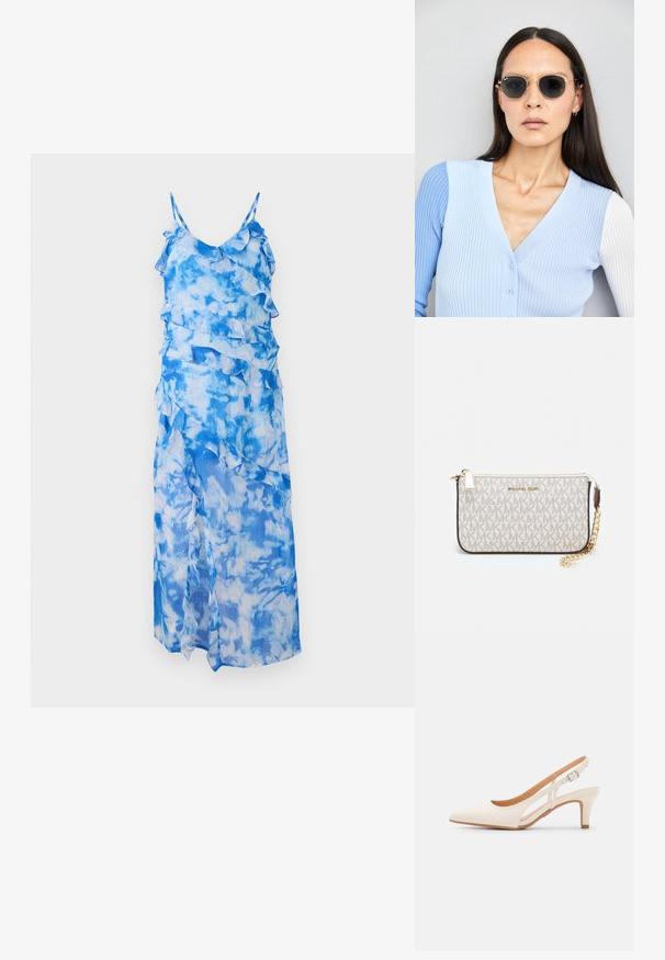 Niebieska sukienka maxi w stylu tie-dye z falbaniastymi warstwami, cienkimi regulowanymi ramiączkami i zwiewnym krojem. Lekka, przezroczysta tkanina z wzorem chmur.; Biała szpilka slingback z ostrym noskiem, gładkim materiałem wierzchnim, niskim obcasem blokowym oraz wycięciami po bokach i regulowanym paskiem z klamrą.; Okrągłe okulary przeciwsłoneczne z ciemnymi soczewkami i złotymi ramkami. Modelka nosi jasnoniebieski kardigan w prążki z guzikami i białymi rękawami w kontrastowym kolorze.; Portfel na nadgarstek marki Michael Kors w beżowej, pokrytej płótnem, z powtarzającym się wzorem logo MK, złotym okuciem i odpinanym łańcuszkowym paskiem.