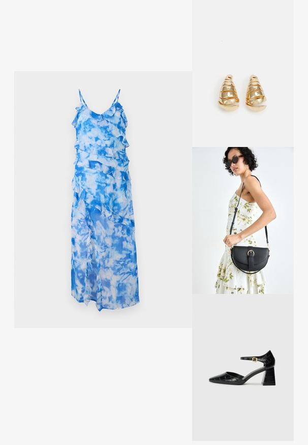 Mėlyna tvido maksine su raukšlėmis, plonomis reguliuojamomis petnešėlėmis ir plazdančiu dizainu. Lengva, permatoma medžiaga su debesų raštu.; Juodos lakinės odos aukštakulniai batai su smailiu kumščiu, kulkšnies dirželiu ir tekstūruotu krokodilo raštu. Kvadratinis stulpelis.; Juodas odinis krepšys su išlenkta forma, nuimamu dirželiu ir auksiniais detalėmis. Krepšys turi kilpą su sagtimi.; Auksinės auskarai, kurių forma primena pailgas kūgio formas su spiraliniais raštais. Lygi paviršius su atspindinčiu finišu, papuoštas išlenktais akcentais.