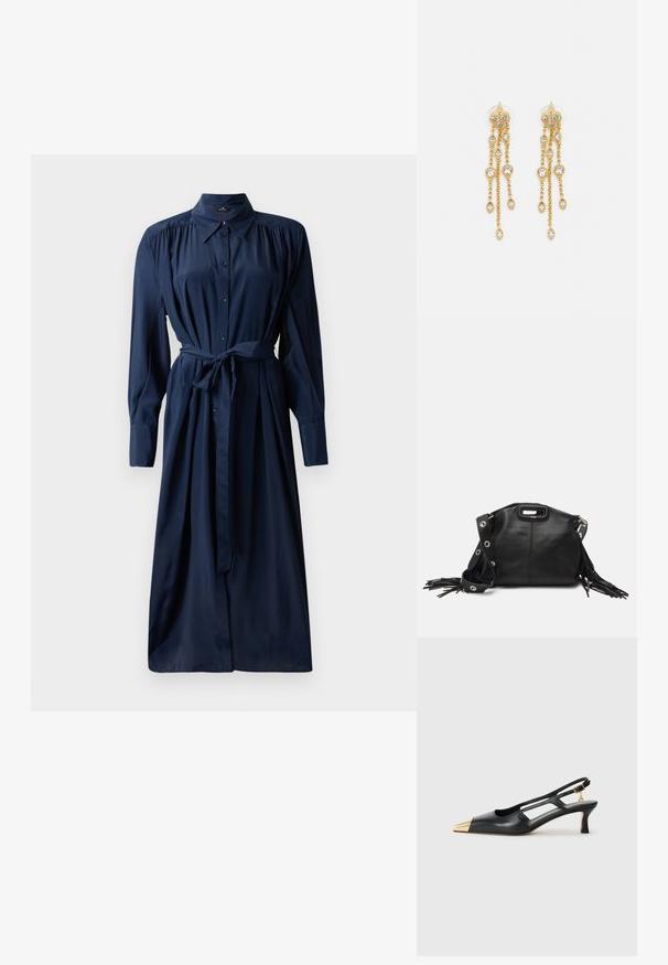 Granatowa sukienka zapinana na guziki z długimi rękawami, marszczonymi ramionami, paskiem w talii i zwiewnym dołem. Wykonana z gładkiego materiału o miękkiej fakturze.; Czarne skórzane buty slingback z wysmuklonym noskiem i złotą metalową czubkiem. Posiadają wycięcia w designie oraz smukły obcas z regulowanym paskiem.; Maje - Torba na ramię; Złote kolczyki z wieloma kaskadowymi łańcuszkami, z przezroczystymi owalnymi akcentami z rhinestone'ów oraz ozdobnymi sztyftami.