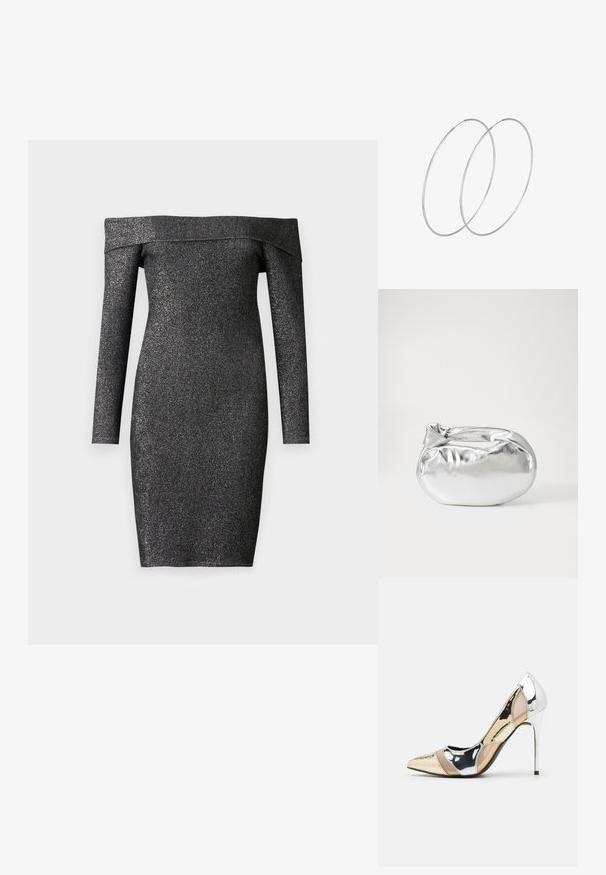Čierne šaty s odhalenými ramenami, dlhými rukávmi, vyrobené z lesklého materiálu, priliehavého strihu, po kolená, hladká textúra.; Lodičky s špičatou špičkou v striebornom, zlatom a telovom farebnom prevedení. Lesklý povrch s výrezovým dizajnom, s ihlovým opätkom.; Strieborná metalická taška s mäkkým, zaobleným tvarom a uzáverom s uzlíkom. Vyrobená z hladkej syntetickej kože.; Strieborné kruhové náušnice s minimalistickým dizajnom. Cirkulárny tvar, hladký povrch a tenký profil. Ľahké s lesklým povrchom.