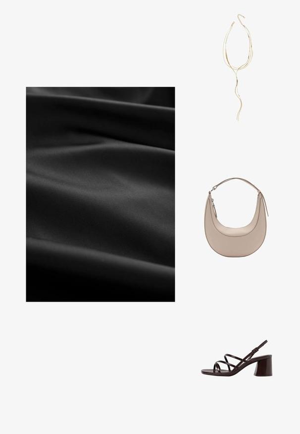 Zwart stof met een gladde textuur, met subtiele plooien en kreukels. Het oppervlak is mat zonder zichtbare patronen of accenten.; Bruine sandalen met hoge hakken en dikke hak, met een gladde, glanzende afwerking en meerdere kruislings gespen op de bovenkant.; Beige leren schoudertas met een halve maanvorm, een soepele textuur en een enkele gebogen handgreep. Voorzien van een ritssluiting en nette stiksels.; Gouden meerlagige ketting met golvende vormen; voorzien van een gladde, reflecterende metaaltextuur en een verstelbare ketting voor lengte-aanpassing.