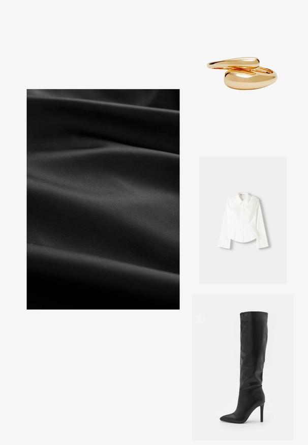Tissu noir avec une texture lisse, présentant des plis et des plis subtils. La surface est mate sans motifs ni accents visibles.; Chemise blanche à manches longues, avec un col classique, une coupe structurée et des coutures verticales discrètes pour un détail supplémentaire.; RAID TALISHA - Bottes - black; Bagues en ton doré avec des formes lisses et arrondies s'entrelacent. Fini brillant avec une surface réfléchissante, mettant en valeur un design sans couture.