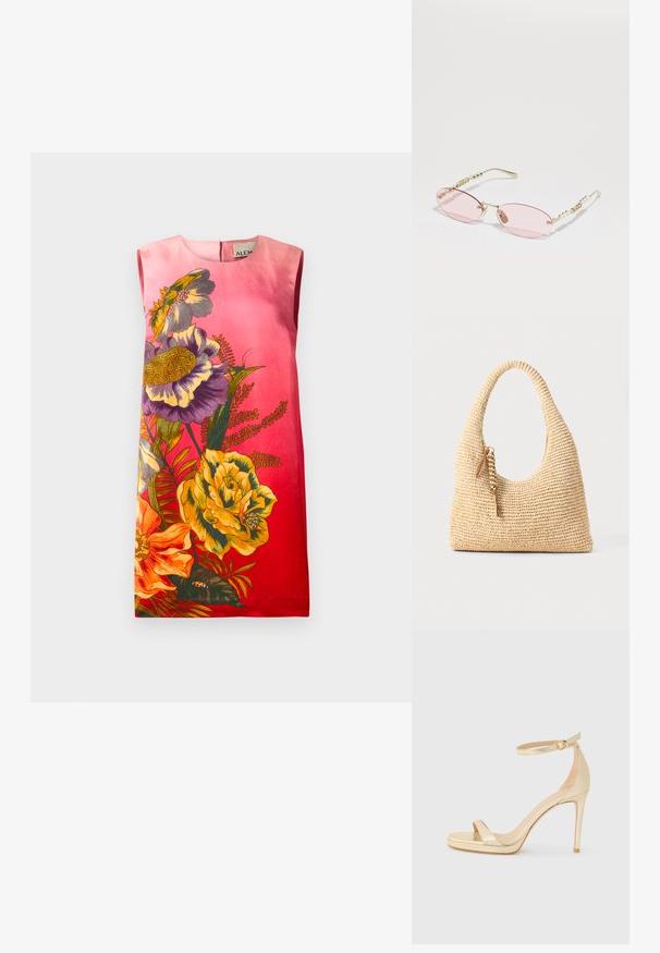 Beigė suknelė be rankovių, kuri turi gradientą nuo rožinės iki raudonos, papuošta spalvingais gėlių raštais geltonos, violetinės ir oranžinės spalvų. Sklandi audinio tekstūra.; Auksinės metalinės aukštakulnės basutės su atvira nosimi, kulkšniai skirtu diržu su sagtimi ir platforma, suteikiančia papildomo aukščio. Lygi tekstūra.; Gucci Akiniai nuo saulės - gold-coloured/pink; Audimo šviesiai rudos spalvos rankinė su išlenkta rankena, tekstūruotu paviršiumi ir ruda kutu. Yra laisva, hobo forma.