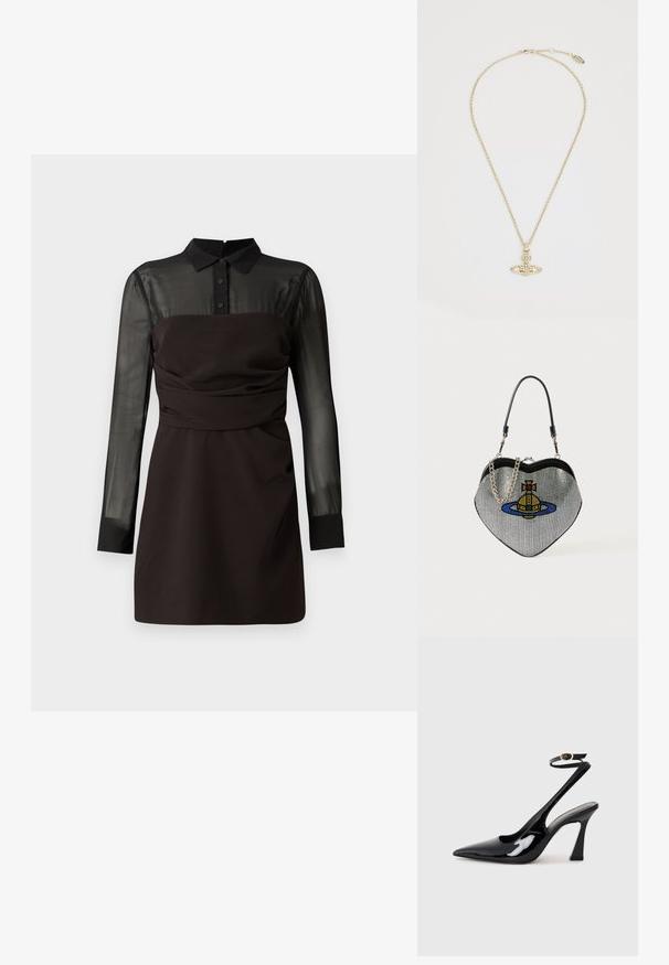 Rochie neagră cu un top din plasă neagră transparentă și mâneci lungi, guler cu nasturi și detalii pliate la talie. Finisaj din țesătură netedă.; Sandale cu toc înalt din piele patent neagră, cu vârf ascuțit, curea ajustabilă la gleznă și toc mediu pătrat. Textură netedă cu un finisaj lucios.; Geantă în formă de inimă, realizată din plasă cu un finisaj metalic, având un design cu o pisică și o planetă în culorile albastru, galben și roșu. Include un bretele cu lanț.; Vivienne Westwood MAYFAIR BAS RELIEF PENDANT - Colier - gold-coloured