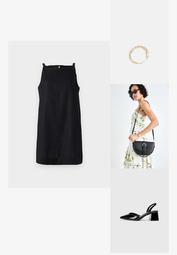 Musta ilmanhihaista mekkoa, joka on valmistettu kevyestä kankaasta, suoralla helmalla ja avaimenreikätakana. Yksinkertainen, minimalistinen muotoilu.; Mustat patentoitu nahkakengät, joissa on säären takaosa ja terävä kärki, sekä geometrinen palikkakorko. Sisältää tyylikkään, minimalistisen muotoilun ja sileän pinnan.; Musta nahkainen käsilaukku, joka on kaareva muotoilultaan, irrotettavalla hihnalla ja kultaisilla yksityiskohdilla. Laukussa on läppä, jossa on solk yksityiskohta.; Kultaketju, jossa on orgaaninen, kierretty muotoilu, sileä pinta ja cappatut päät, luoden modernin, veistoksellisen ilmeen.