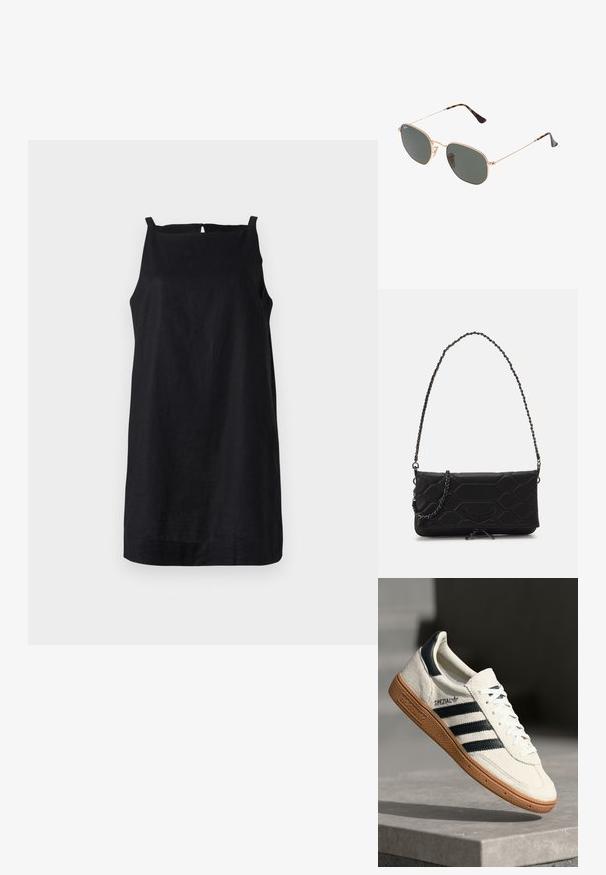 Črna brezrokavna obleka iz lahkega materiala s ravnim robom in detajlom ključavnice na hrbtu. Preprost, minimalističen dizajn.; Bela nubuk superga s športnimi trakovi v temno modri barvi, gumijastim podplatom, strukturirano zgornjo plastjo, okroglim nosom in vezalkami; vsebuje blagovno znamko na strani in jeziku.; Sončna očala z zlatim kovinskim okvirjem in temno zelenimi lečami, aviatorskega sloga, z vitekimi ročaji in želvovim vzorcem na konicah.; Črna prešita torba iz umetnega usnja s krokodilno teksturo in verižnim naramnikom, ki ima šestkotni vzorec ter dekorativni detajl krila spredaj.
