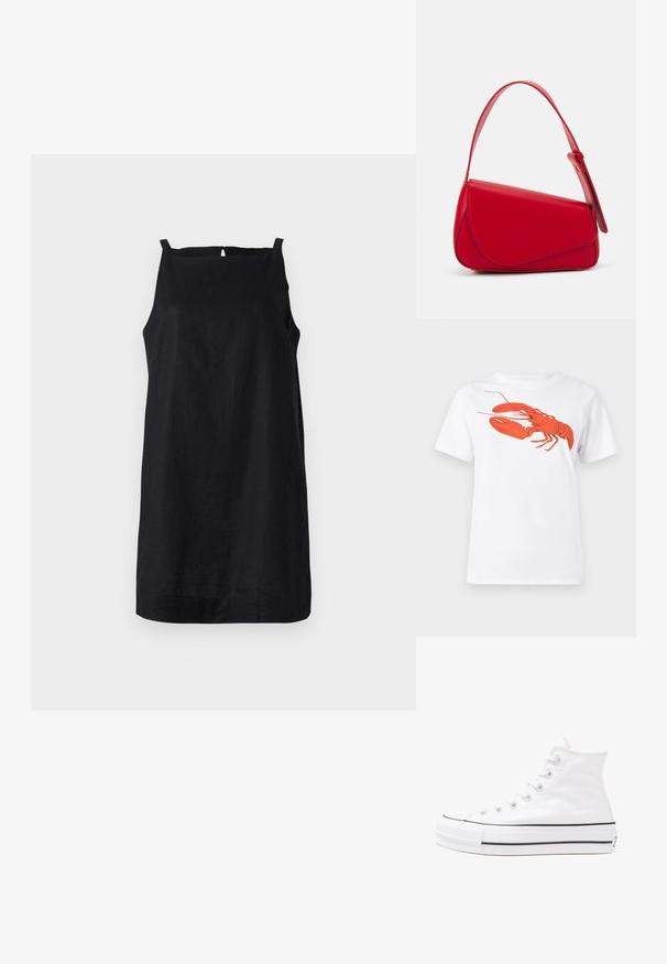 Musta ilmanhihaista mekkoa, joka on valmistettu kevyestä kankaasta, suoralla helmalla ja avaimenreikätakana. Yksinkertainen, minimalistinen muotoilu.; Valkoinen puuvillapaita, jossa on suuri, kirkkaan punainen hummerigrafiikka edessä. Lyhyet hihat ja standardi pyöreä kaula-aukko.; Valkoiset korkeavartiset kangaskengät mustalla kumipohjalla, edessä kuminen varvasosa ja kuusi nauha-aukkoa, puhtaan minimalistisella muotoilulla.; Punainen nahkalaukku, jossa on kulmikas, geometrinen muotoilu. Varustettu yhdellä säädettävällä hihnalla ja läpällä, jossa on ommeltu yksityiskohtia.