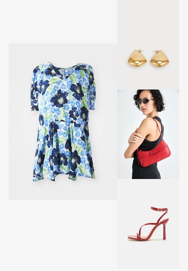 Kwiatowa tunika w jasnoniebieskim kolorze z ciemnoniebieskimi, zielonymi i białymi kwiatami. Posiada dekolt w kształcie litery V, krótkie rękawy oraz fason A-line.; ALDO SCINTILLA czerwony; Czerwona skórzana torba na ramię o gładkiej teksturze, zakrzywionym kształcie i dekoracyjnym zapięciu w formie klamry. Regulowany pasek i zamek błyskawiczny.; Złote metalowe kolczyki w gładkim, zaokrąglonym trójkątnym kształcie i projekcie z zapięciem na sztyft; odbijająca powierzchnia z minimalnymi detalami.