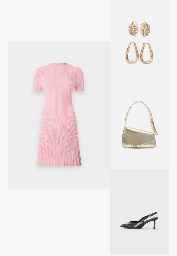 Vestido rosa até ao joelho com mangas curtas, textura canelada, leve renda no decote e formato em A. Acabamento suave.; Sapato slingback preto em pele patentada com bico apontado, tiras no tornozelo apresentando fivelas e acessórios prateados, e um salto elegante.; Bolsa de mão metálica dourada com um design estruturado, textura suave e alça ajustável. Apresenta uma forma triangular única e costura minimalista.; Brincos em tom de ouro com formas onduladas e texturizadas. Inclui studs escultóricos com presilha e um design de argola aberta com um acabamento martelado.