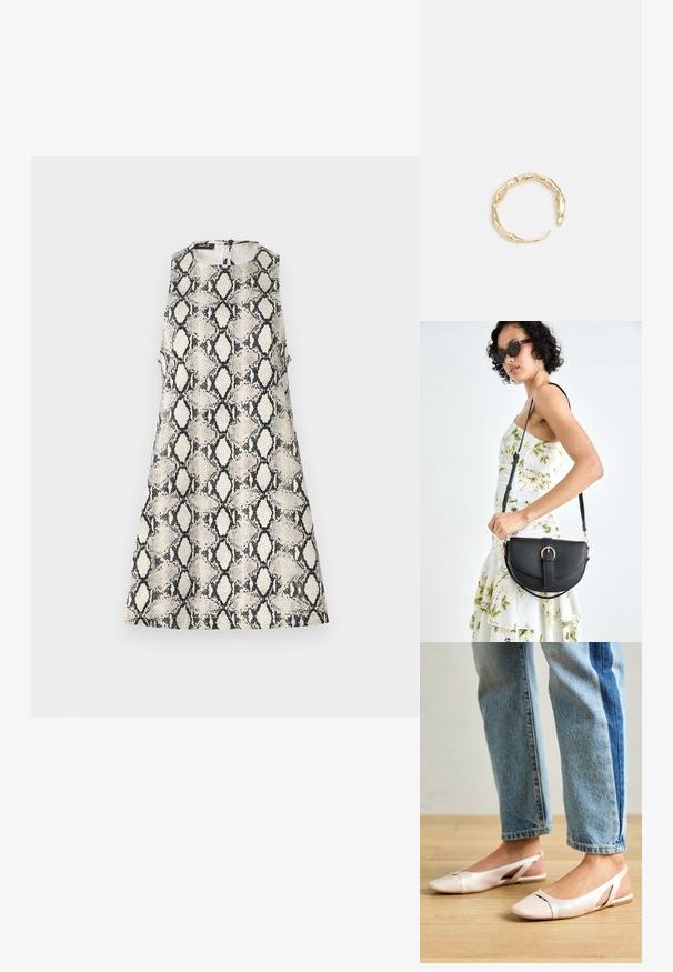 Haljina bez rukava s bež i crnim uzorkom zmijske kože, okruglim izrezom i zatvaranjem na zatvarač na stražnjoj strani.; Svijetlo ružičaste slingback balerinke s šiljastim vrhom, izrađene od glatkog materijala nalik koži. Sadrže izrezane detalje sa strane i ravnu petu.; Crna kožna torba s lukovitim oblikom, odvojivim remenom i zlatnim detaljima. Torba ima preklop s kopčom.; Prsten u zlatnoj nijansi s organskim, uvijenim dizajnom, glatkom teksturom i suženim krajevima, koji stvara moderan, skulpturalni izgled.