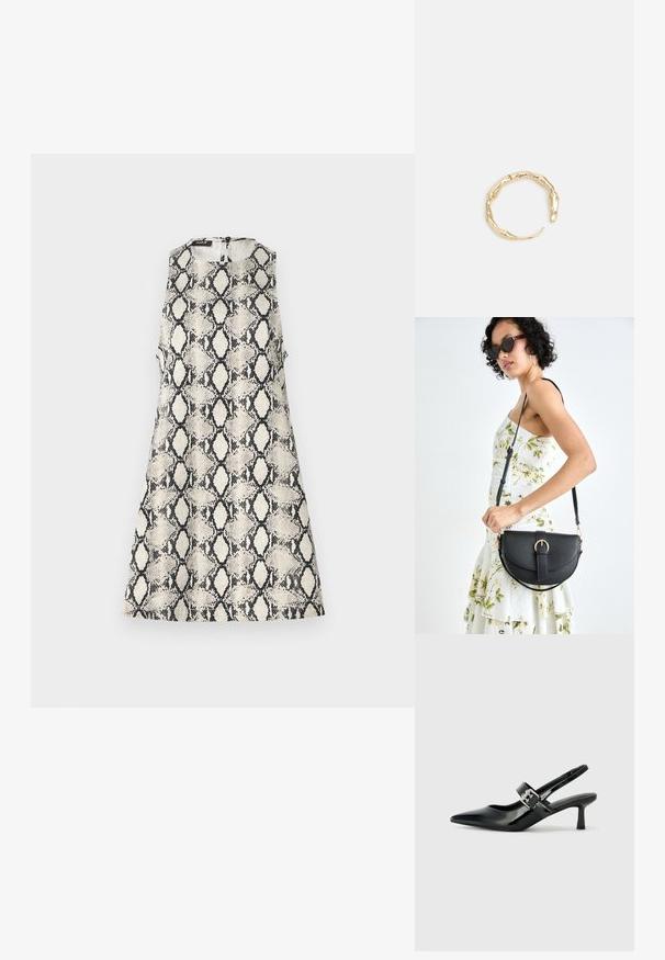 Haljina bez rukava s bež i crnim uzorkom zmijske kože, okruglim izrezom i zatvaranjem na zatvarač na stražnjoj strani.; Crne lakirane slingback potpetice s oštrim prstom i malom blok petom, s naglaskom na srebrnoj kopči na remenu.; Crna kožna torba s lukovitim oblikom, odvojivim remenom i zlatnim detaljima. Torba ima preklop s kopčom.; Prsten u zlatnoj nijansi s organskim, uvijenim dizajnom, glatkom teksturom i suženim krajevima, koji stvara moderan, skulpturalni izgled.