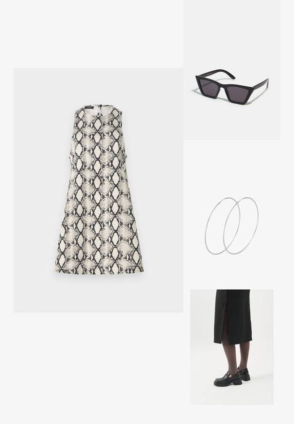 Bezrūpju kleita ar bēšas un melnas čūsku ādas rakstu, ar apaļu kakla izgriezumu un ar rāvējslēdzēju aizmugurē.; Melni ādas apavi ar noapaļotu purngalu, biezām bloku papēžiem un elastīgiem sānu akcentiem, apvienoti ar tumšām zeķubiksēm un melnu svārku ar šķirbu.; Melni, stūrveida saulesbrilles ar pelēkiem objektīviem; izgatavotas no plastmasas, ar biezām kājām, kam ir gluda virsma un nav redzamu stiprinājumu.; Sudraba gredzenveida auskari ar minimālistisku dizainu. Cirkulāra forma, gluda tekstūra un plāns profils. Vieglu svaru ar spīdīgu apdari.