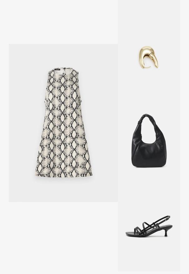 O rochie fără mâneci, având un model din piele de șarpe bej și negru, cu un guler rotund și un închizător cu fermoar la spate.; Sandale negre cu toc, cu mai multe curele încrucișate. Material neted, vârf ascuțit și toc subțire. Curea ajustabilă la gleznă cu cataramă.; Geantă hobou neagră, fabricată dintr-un material asemănător cu pielea, cu un mâner răsucit, având o formă moale și rotunjită și o închidere cu fermoar deasupra.; Cercei din metal de culoare aurie cu un design elegant și curbat. Prezintă o formă distinctivă, ascuțită, o suprafață lustruită și un sistem de închidere cu balama.