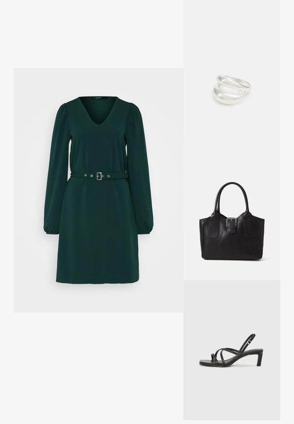 Tumedast roheline pikakätine kleit V-kaelusega ja vööga taljes. Kangas on sile, kerge tekstuuriga ning kogutud varrukatega.; Mustast rihmajalatsid ruudukujulise varba ja madala ploki kontsaga. Omab mitmeid õhukesi rihmasid ja reguleeritavat pahkluu rihma. Valmistatud siledast nahast.; Mustgamma nahast kott, millel on sile tekstuur, struktureeritud kuju, kaks käepidet ja esiküljel silmapaistev hõbedane pandla detail.; Hõbedane kahekordne rõngas sujuva, poleeritud pinnaga. Omab voolavat, kõverat disaini, millel on kattuvad sektsioonid, et saavutada kaasaegne ilme.