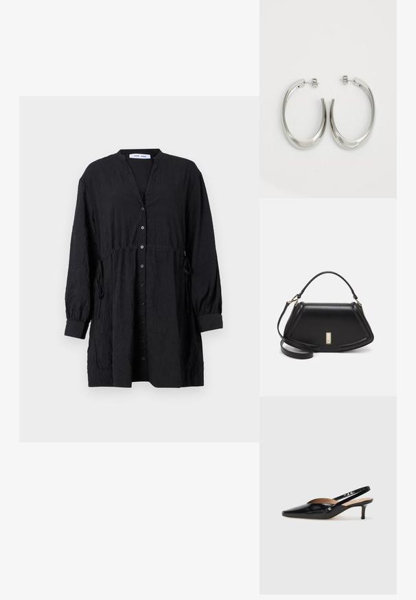 Black button-up shirt with a textured fabric, featuring a V-neck, long sleeves with cuffs, and an adjustable drawstring waist detail.; Black patent leather slingback pump with a pointed toe, small heel, and a cutout design on the vamp. Gold-tone hardware accent on the side.; Black leather handbag with a structured design, featuring a cropped shape, top handle, and gold hardware accent. Adjustable shoulder strap included.; Silver hoop earrings with a smooth, curved design. Features a shiny metallic finish and stud closure. No visible patterns or accents.