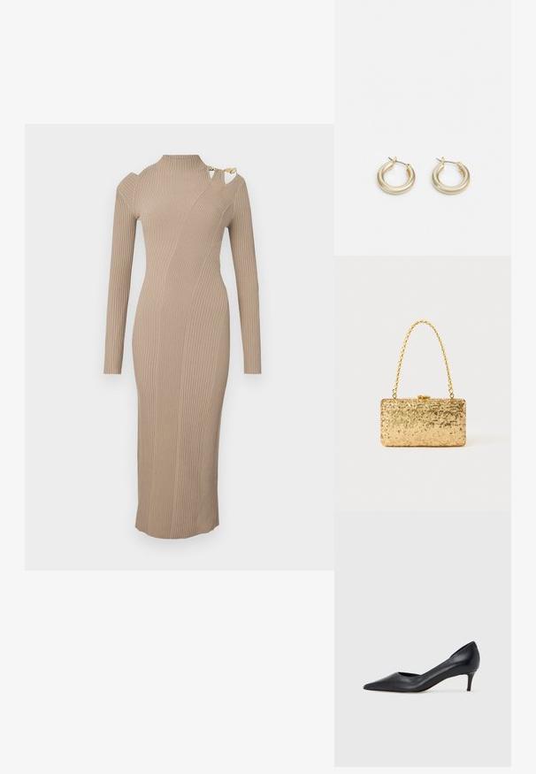 Rochie midi cu maneci lungi, din material ribat, în nuanță bej, cu guler înalt și detaliu cu umăr tăiat, având accente din metal auriu.; Pantof din piele neagră, cu vârf ascuțit și toc mic. Are o textură netedă și un luciu subtil. Decupaj deschis în partea din față pentru un detaliu suplimentar.; Clutch din paiete aurii, cu o formă rectangulară, având un mâner din lanț croit și o închidere cu clapetă metalică, reflectând lumina cu un finisaj texturat.; Lauren Ralph Lauren BASIC SMALL HOOP - Cercei - gold-coloured