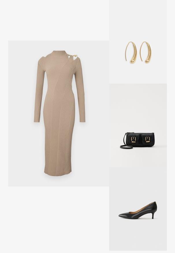 Hosszú ujjú, bordázott midi ruha bézs színben, állógallérral és kivágott vállrésszel, arany részletekkel.; Fekete bőrpumpa hegyes orral, alacsony sarokkal és sima felülettel. Elöl enyhe nyílással rendelkezik, hátul pedig minimális részletezéssel.; Fekete bőr keresztbody táska két elülső zsebbel, arany csattokkal, cipzáras záródással és vékony pánttal. Textúrált felület és kompakt téglalap alak.; Aranyszínű fémből készült karika fülbevalók ívelt, hosszúkás formával. Simaságával és fényes felületével, valamint lekerekített végével további részletekkel bővül.