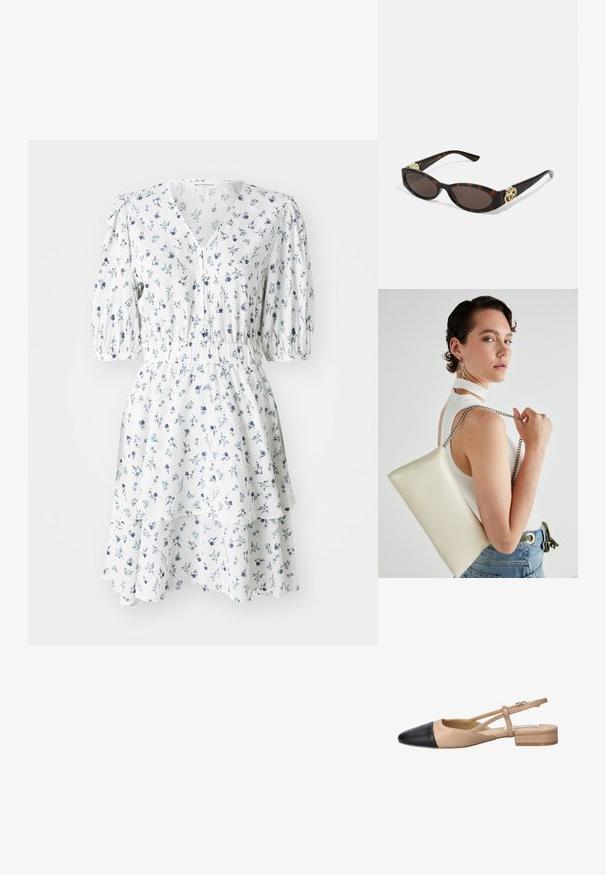 Bijela cvjetna haljina s plavim uzorcima, kratkim puf rukavima, v-izrezom, zatvaranjem na dugmad, nabranim strukom i višeslojnim volanom na rubu.; Bež i crna dvobojna slingback cipela s oštrim vrhom, ravnim potplatom i detaljem u obliku križanja traka. Glatka kožna tekstura.; Suncane naočale od kornjačevine s izduženim ovalnim lećama, smešnim nijansama, zlatnim logotipom na drškama i elegantnim crnim krakovima.; Bijela pravokutna torbica s kopčanjem, izrađena od sjajnog materijala, s srebrnim lančićem. Model pozira, prikazujući torbicu na jednostavnoj pozadini.