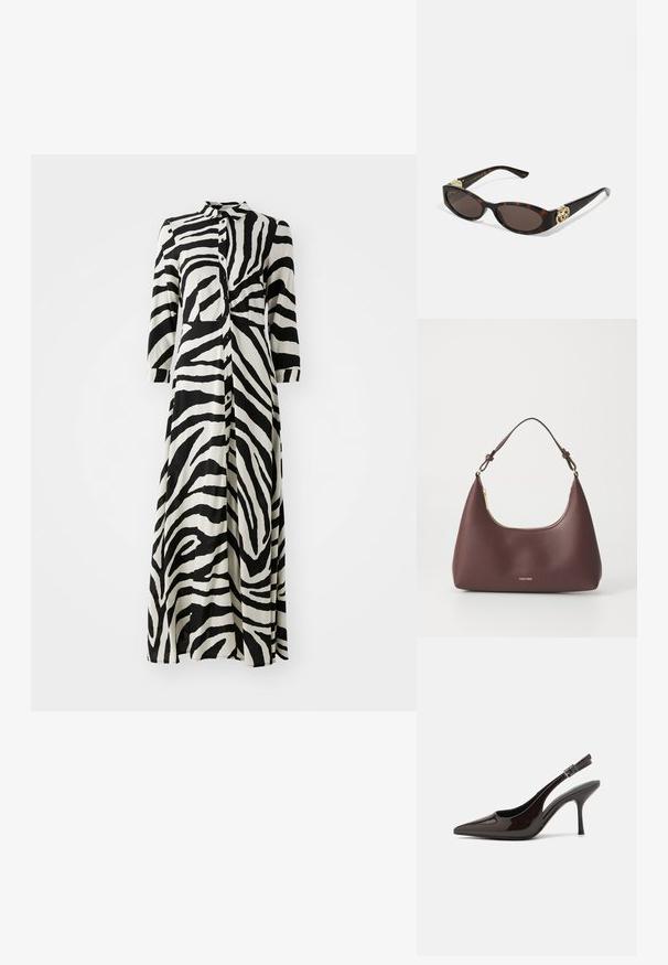 Długa sukienka zapinana na guziki w czarno-białe paski zebry, z rękawami 3/4, kołnierzykiem i prostym krojem. Wykonana z lekkiego materiału.; Sandały na obcasie typu slingback z błyszczącej ciemno-brązowej lakierowanej skóry, w szpic, z otwartymi bokami i regulowanym paskiem wokół kostki.; Słoneczne okulary w kolorze żółwi z wydłużonymi owalnymi soczewkami, brązowym odcieniem, złotymi akcentami logo na zausznikach oraz smukłymi czarnymi ramionami.; Bordowa torebka o zaokrąglonym kształcie z krótkim paskiem, z złotym zamkiem błyskawicznym i subtelnym logo Calvin Klein z przodu.