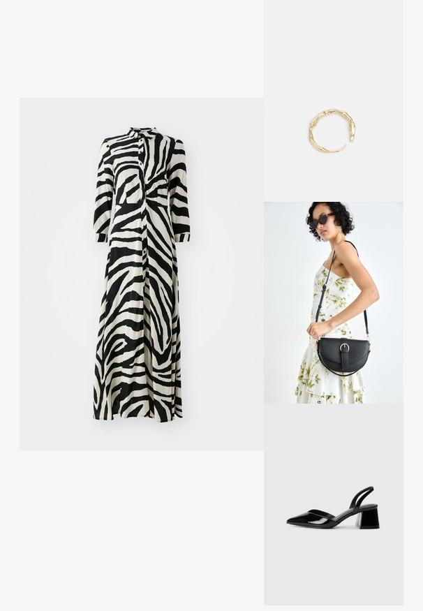Dlhé košeľové šaty v čiernobielej zebra potlači, s 3/4 rukávmi, golierom a rovnými líniami. Vyrobené z ľahkého materiálu.; Čierne lakované kožené sandálové podpätky s špicatou špičkou a geometrickým blokovým podpätkom. Disponujú elegantným, minimalistickým dizajnom a hladkým povrchom.; Čierna kožená kabelka s zaobleným tvarom, odnímateľným popruhom a zlatými doplnkami. Kabelka má klopu s detailom s prackou.; Prsteň v zlatej farbe s organickým, skrúteným dizajnom, hladkým povrchom a zužujúcimi sa koncami, vytvárajúci moderný, sochársky vzhľad.