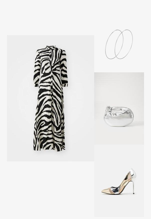 Abito lungo button-up in stampa zebrafica bianco e nero, con maniche a 3/4, colletto e design a taglio dritto. Realizzato in tessuto leggero.; Scarpa con tacco alto a punta, con una combinazione di colori argento, oro e nudo. Finitura lucida con design a ritaglio, con tacco a stiletto.; Borsa a pochette metallica argentea con una forma morbida e arrotondata e chiusura superiore annodata. Realizzata in materiale sintetico morbido.; Orecchini a cerchio in argento con un design minimalista. Forma circolare, superficie liscia e profilo sottile. Leggeri con una finitura lucida.